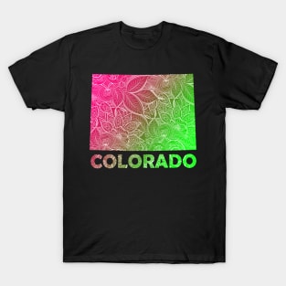 Colorful mandala art map of Colorado with text in pink and green T-Shirt